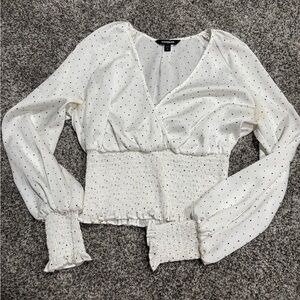 Express Cream White Polka Dot Smocked-Waist Blouse